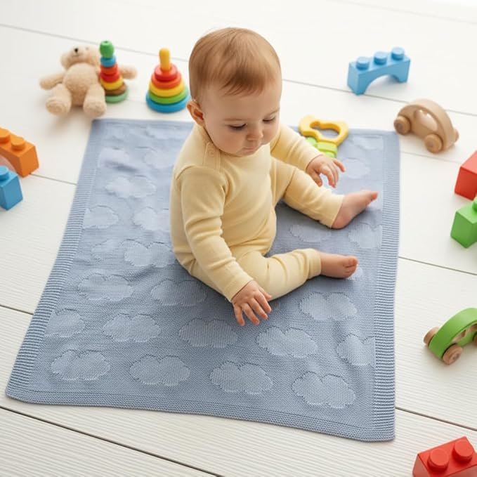 Baby Knit Blanket Cloud Pattern – 100% Cotton Soft Lightweight Receiving Blanket for Newborn Infant Toddler Boy Girl, Warm Cozy Nursery Crib Blanket, Stroller Cover