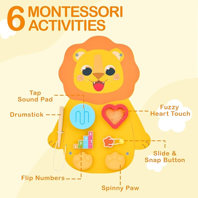 Monläurd® Wooden Lion Sensory Wall Toy, Busy Board for Toddlers, Montessori Sensory Wall Panel for Kids, Ideal for Classroom, Playroom & Daycare, Wall Activity Board