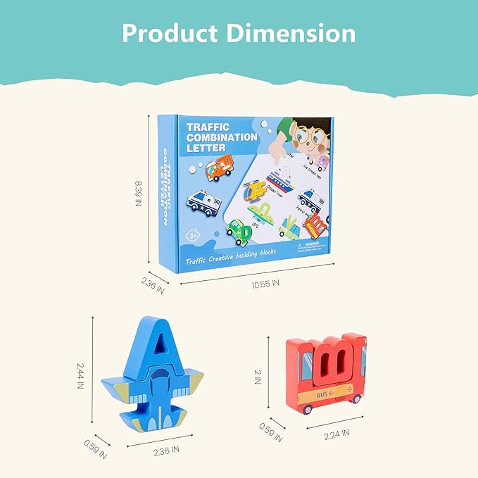 52 Pieces Wooden Alphabet Transportation Puzzle for Kids Ages 3+, ABC Learning Toys with Vehicles, Montessori Educational Toy for Toddlers, CPC Certified Alphabet Blocks for Boys and Girls