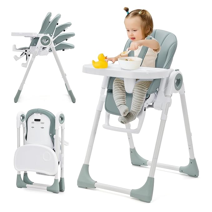 Baby High Chair for Toddlers 1-3 Years Old, Foldable Baby High Chair with Removable Tray, Lightweight Folding Chair with 5-Point Safety Harness, Multiple Recline Positions & Compact Design