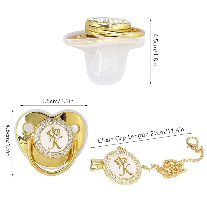 Golden Letter Baby Pacifier, Personalized Bling Pacifier with Pacifier Clips and Anti-Dust Cover for Baby Shower Newborn Birthday Photography ()