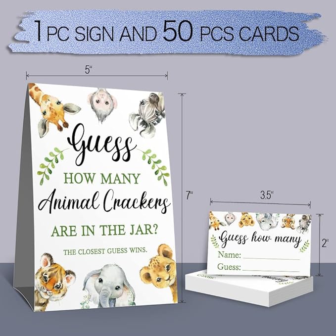 Guessing Animal Crackers Baby Shower Party Game Cards, Woodland Forest Animals Baby Shower Party Raffle Insert Ticket, Baby Showers Decorations Game Cards Kit (1 Standing Sign + 50 Guessing Cards)
