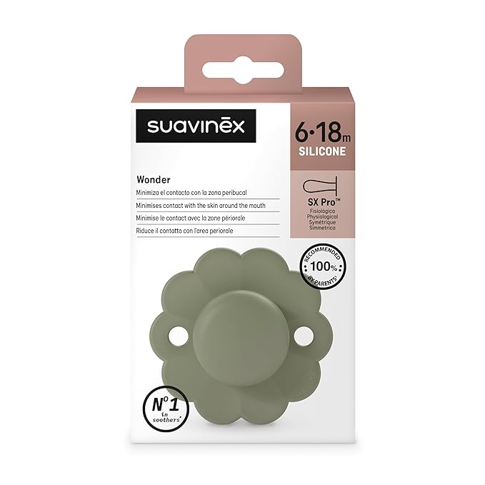 Suavinex Wonder Baby Pacifier, SX Pro Silicone Nipple, Reversible, Non Irritating Shield Design, Pacifiers 6-18 Months, Made in Europe, Hedge Green