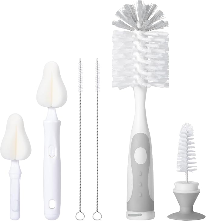 Baby Bottle Brush Set with Nipple Cleaner and Suction, 10.2" Cleaning Brush and 6.5" Sponge Bottle Brush with A Replacement Brush Head and Two 6.7" Straw Brushes, Pack of 5 (Gray)