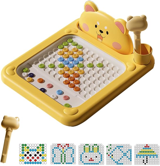 Cartoon Magnetic Drawing Board, Shiba and Bear Dot Art,Interactive Bead Art Board with Pen, Shiba Inu Bear Styles, Travel Board for Creativity, Fine Motor Skills (Yellow, Large)
