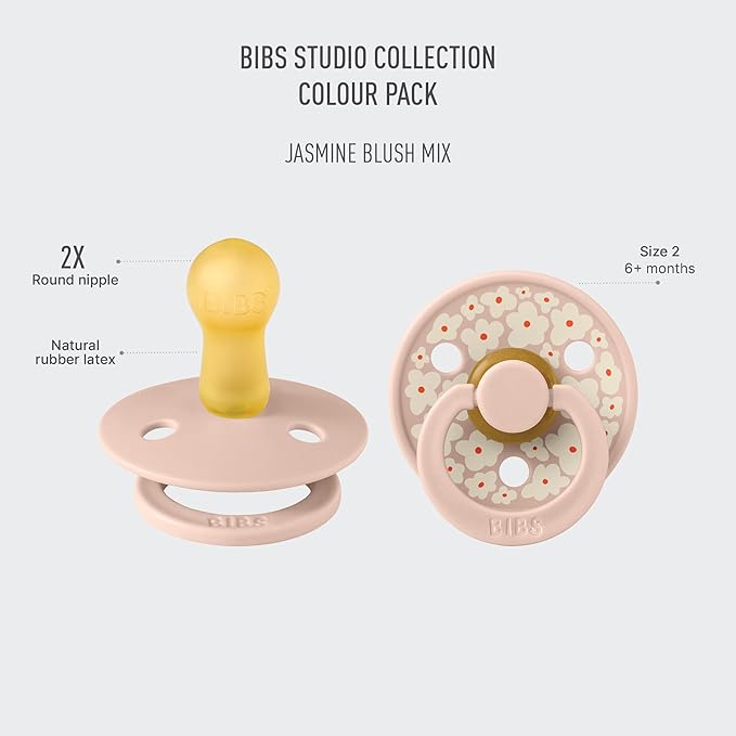 BIBS Pacifiers - Colour Studio 2 Pack | Round Nipple Baby Pacifier | BPA Free Natural Rubber Latex Soother | Made in Denmark | Size 6+ Months | Jasmine Blush