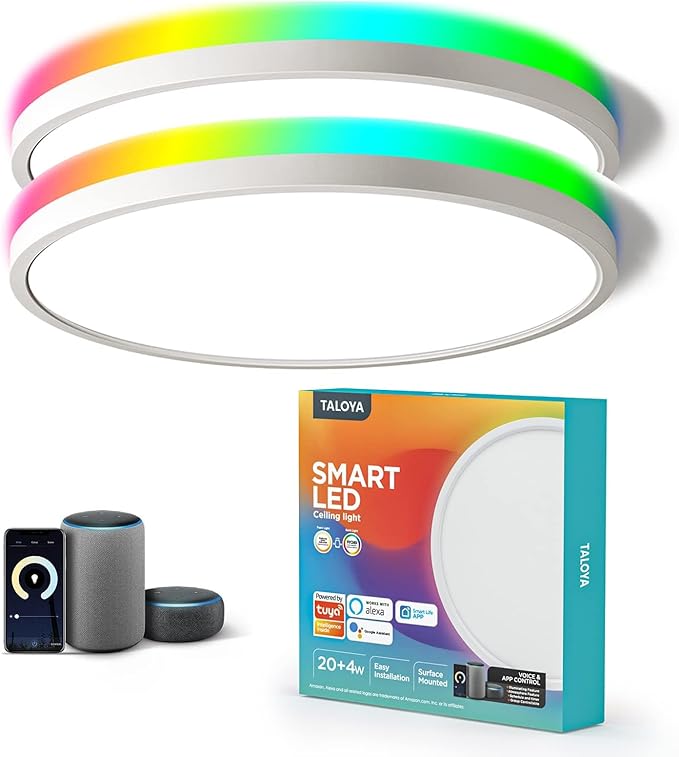 TALOYA Compatible with Alexa Flush Mount Ceiling Light, 12 inch RGB Ambient Light, Day Light 3000K~6500K Adjustable by App, equivs to 200W Traditional lamp for Living Room, Bedroom, 2-Pack