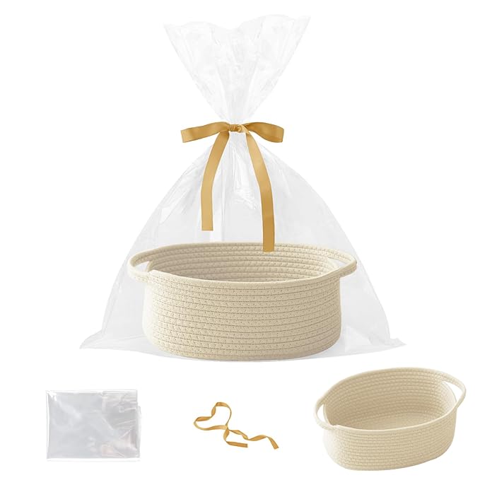 Gift Basket with Gift Bag and Ribbons,Small Rope Woven Shelf Storage,Baskets for Gifts Empty,Birthday,Shower,Decorative Organizer Box for Cat Dog Pet with Handles(Cream)