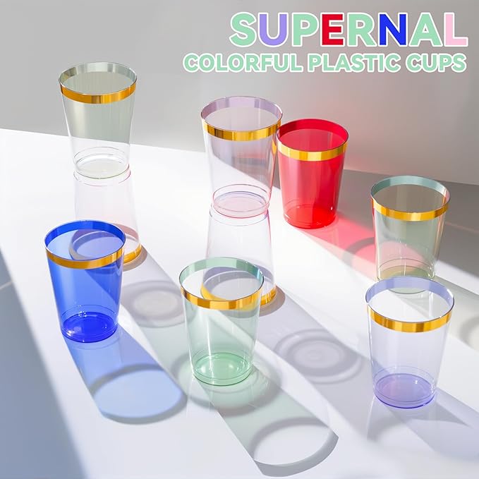 supernal 100 Pack Green Plastic Cups - 10 Oz Clear Green Plastic Disposable Cups with Gold Trim,Heavy Duty & BPA-free for Wedding,Cocktail,Birthday,Party & Elegant Events,Disposable Cocktail Glasses
