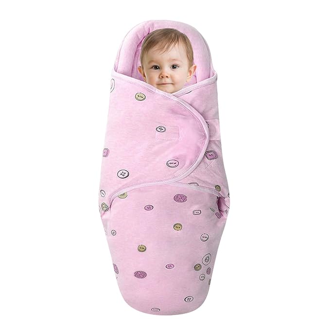 Organic Cotton Baby Swaddle Blankets, Unisex Baby Blanket Wrap for Newborn Baby Boys Girls, Skin Friendly Wearable Swaddling Sleep Sack Calms Startle Reflex (Button, Peachpink, 3-6 Months)