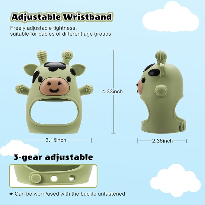 TOHIBEE 2 Packs Baby Teething Toys for 0-6 6-12 Months, Food Grade Silicone Adjustable Cow Teething Mitten, Chew Teether Toys for Teething Pain Relief, Baby and New Born Essentials, Green & Beige