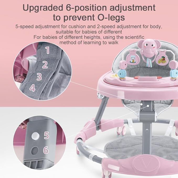 4 in 1 Folding Baby Walker, Activity Walker for Boys Girls, Learning-Seated, Toddler Walk-Behind w/Music Toys, Adjustable Height & Speed, Safety Bumper, Infant Walker Anti-Rollover