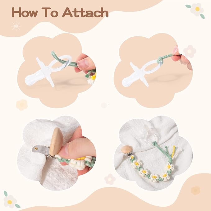 Pacifier Clip for Boys Girls Floral Daisy Macrame Paci Clip Pacifier Holder Leash Boho Wooden Clips Handmade Braided Cotton Unisex Baby Shower Birthday Gift
