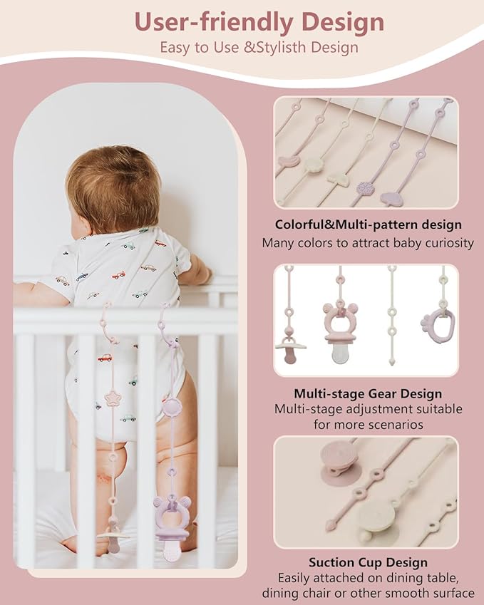 6 Pack Silicone Baby Toy Straps with 2 pcs Suction Cup Bases, Silicone Pacifier Holder, Toy Strap,Adjustable Toy Holder for Stroller Accessories, Car Seat, Highchair,Crib (B)