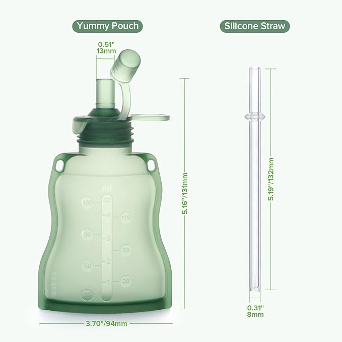 haakaa Baby Food Pouch Refillable Baby Squeeze Silicone Yummy Pouch, Soft Reusable Squeeze Storage Food Pouch for Kids Toddler,Home Made Food Puree,Smoothie Pouch Bag, 4oz, 4 Pack,6m+(Pea Green)