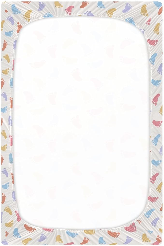 Baby Crib Sheets Colorful Baby Footprints Crib Sheets for Boys Girls,Neutral Bassinet Toddler Bed Play Sheets Breathable Soft and Portable 52 * 28 * 9in