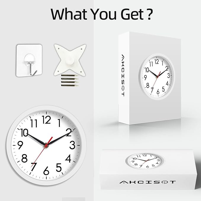 AKCISOT Wall Clock, Modern Small Wall Clocks Battery Operated 8 Inch, Silent Non-Ticking Analog Classic for Office, Home, Bathroom, Kitchen, Bedroom, School(White)