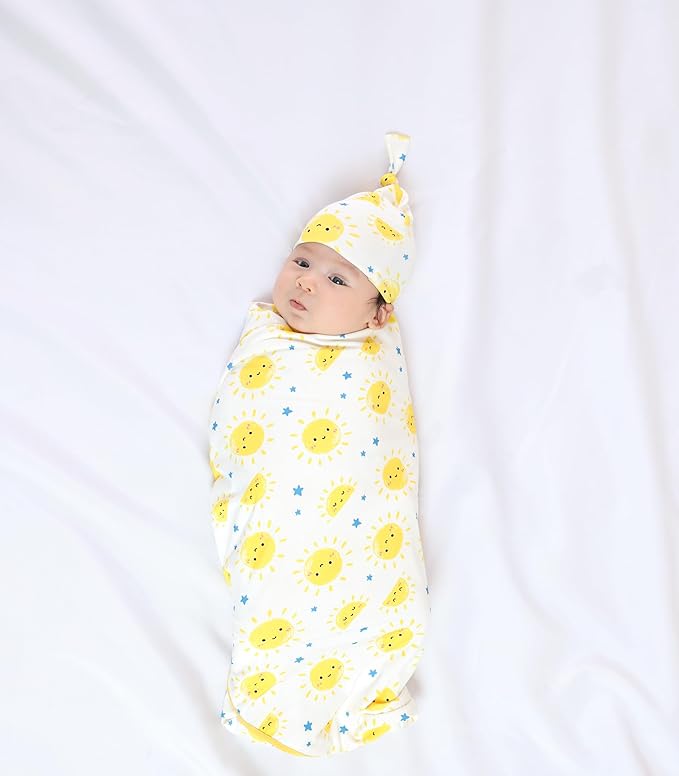 Newborn Swaddle Blanket with Hat Set,Unisex Baby Receiving Blanket Nursery Wrap for Girls and Boys, Viscose Made from Bamboo Sun One Size