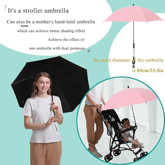 Convenient and Lightweight, Clip-On, Adjustable Steering, Universal, Umbrella Baby Stroller, Stroller Umbrella Attachment for Sun Protection