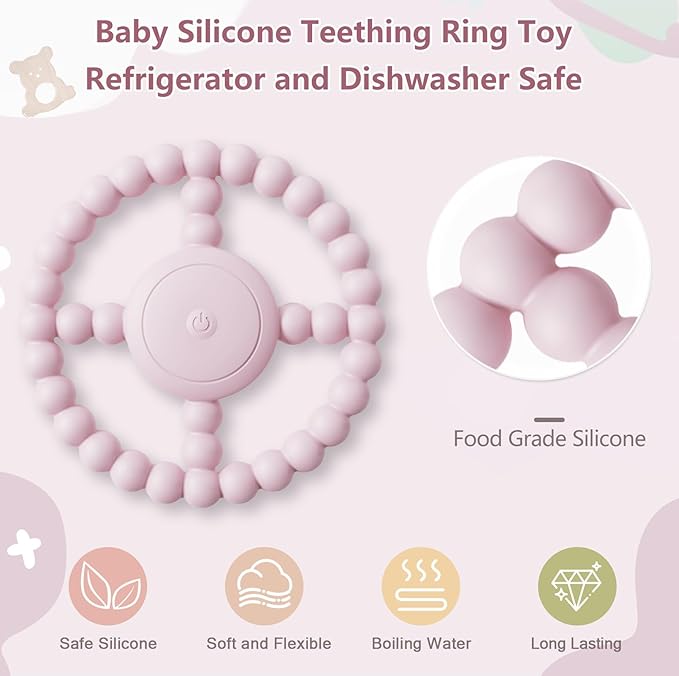 Vibrating Sensory Teething Toys, Soothing Chew Ring for Babies 6-18 Months, Autism Support & Oral Development, USB Rechargeable Teether for Toddlers, 1-2 Year Old Boys Girls Gifts idea (Pink)