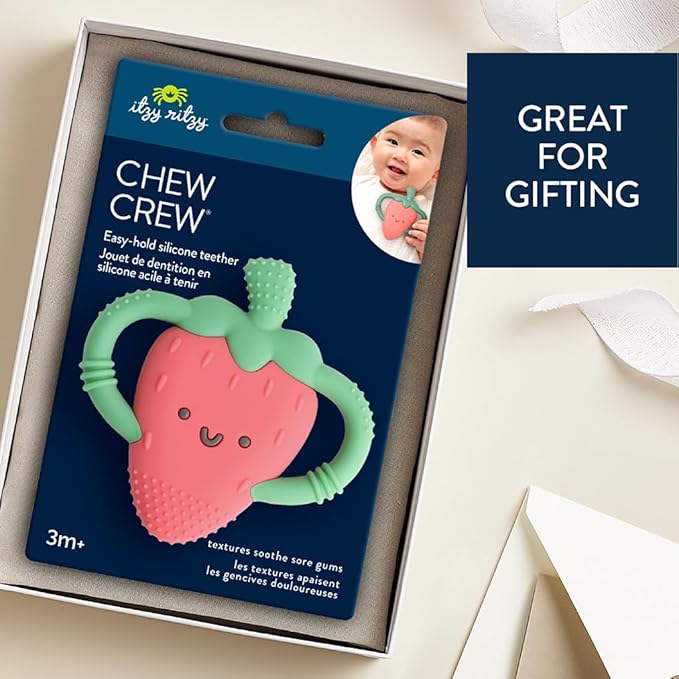 Itzy Ritzy Strawberry-Shaped Baby Teether with Handles; Silicone Teether for Babies with Easy-Grab Handles and Textured, Teethable Surfaces - Baby Teething Toy for 3 Months & Up (Strawberry)