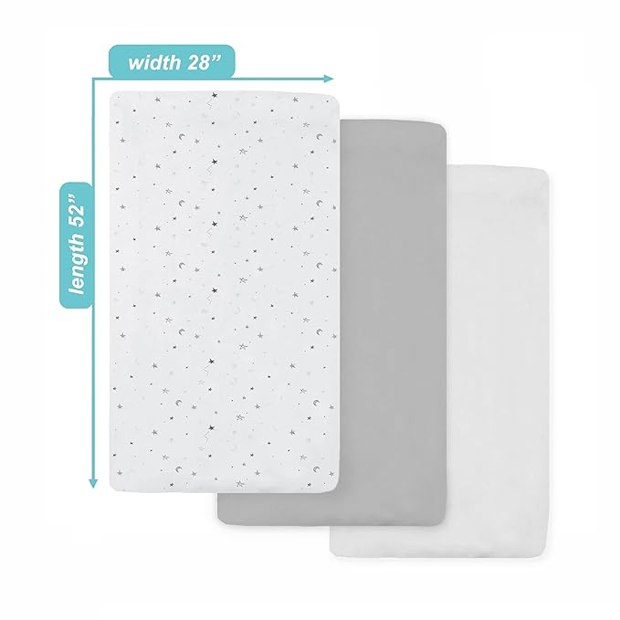 American Baby Company 3 Pack 100% Natural Cotton Fitted Crib Sheets 52" x 28" - Soft, Breathable, Hypoallergenic & Gentle Toddler Bed Sheets, Gray Stars/Gray/White, Neutral for Boys & Girls