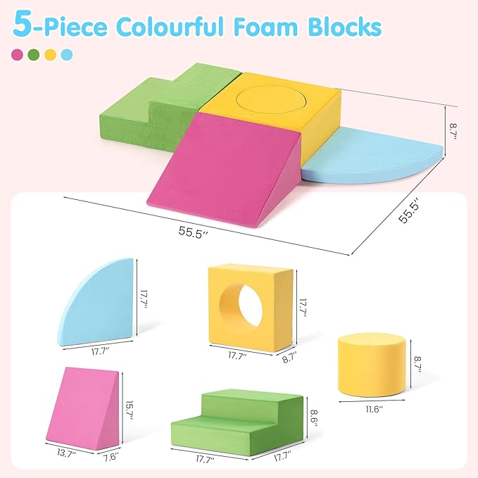 Toddler Climbing Toys Indoor, 5-Piece Colourful Foam Climbing Blocks for Toddlers 1-3 Years Old, Soft Play Climbing for Toddlers, Modular Crawling & Sliding Play Set for Home & Kindergartens
