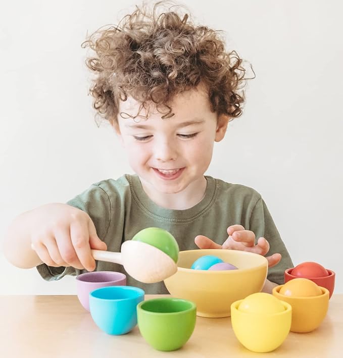 Montessori Large Rainbow Colored Sorting Ball in Cup | Preschool Color Matching Toy | Gross Motor Transfer Activity | 6 Toddler Safe Wooden Balls 46mm in Diameter - Non-Choking-Hazard