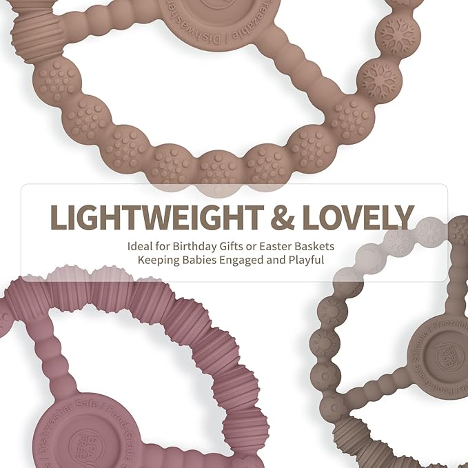 Baby Teething Toys 3-6 Months, 3 Pack Silicone Teething Rings for Babies 6-12 Months Relief, Freezable & Easy Grip Teether for Infant 0-6 Months Boys Girls, Kids Easter Gift (Clay DustyRose Brown)
