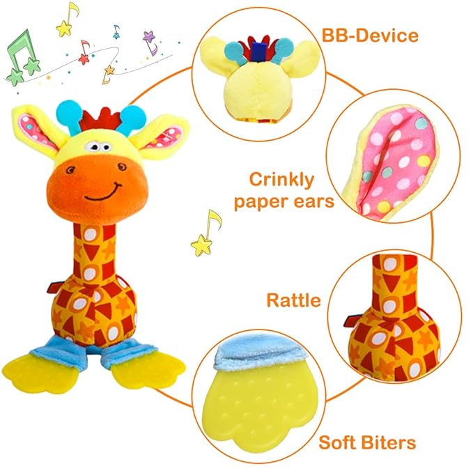 HUADADA Baby Soft Rattles Shaker, Infant Developmental Hand Grip Toys, Sensory Learning Toys with Teether, Sounds for Baby, 3-6-9-12 Months Old