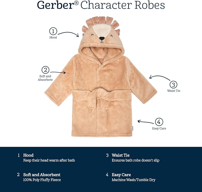 Gerber Unisex Baby Plushy Soft Hooded Animal Character Bathrobe