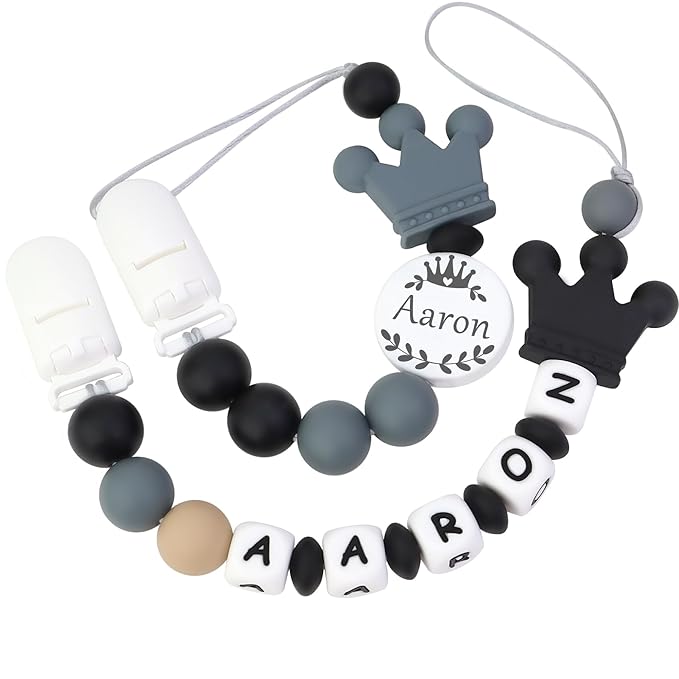 Personalized Pacifier Clip with Name, Customizable Pacifier Clip (2 Pack) (Crown-Black)