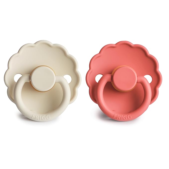 FRIGG Daisy Natural Rubber Baby Pacifier | Made in Denmark | BPA-Free (Cream/Poppy, Size 1) 2-Pack