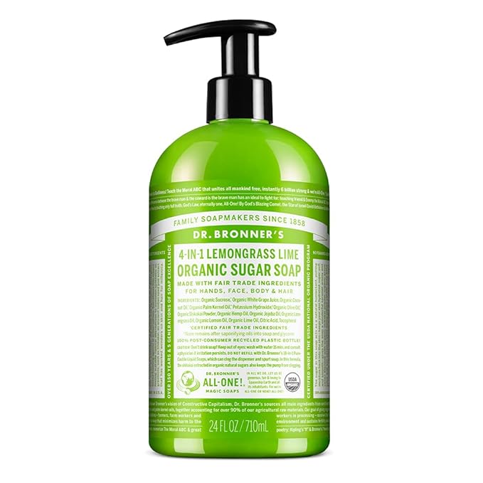 Dr. Bronner's - Organic Sugar Soap (Lemongrass, 24 Ounce) - Made with Organic Oils, Sugar and Shikakai Powder, 4-in-1 Uses: Hands, Body, Face and Hair, Cleanses, Moisturizes and Nourishes, Vegan