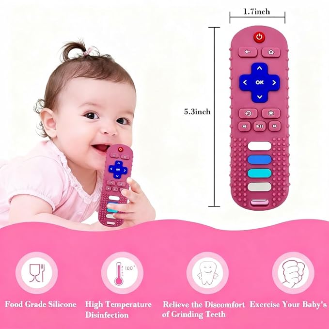 Baby Teether Toy,TV Remote Control Shape Teething Relief Chew Toy for Infants 3-24 Months, BPA Free, Pink