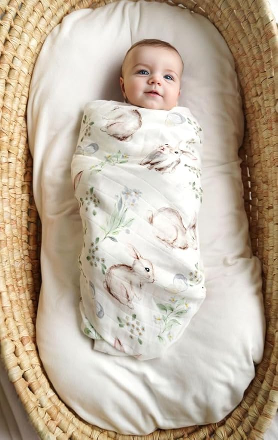 Little Jump Muslin Swaddle Blankets Neutral, Woodland Muslin Baby Blanket Receiving Blanket for Boys & Girls Unisex, Soft Large 47 x 47 inches (Rabbit & Deer)