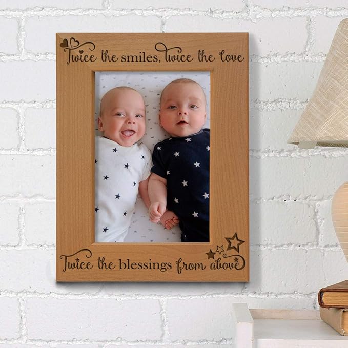 KATE POSH - Twice The Smiles, Twice The Love, Twice The Blessings from Above - Engraved Natural Wood Picture Frame - Twins Photo Frame, Twins Gifts for Babies, Twins Gifts for mom (4x6-Vertical)