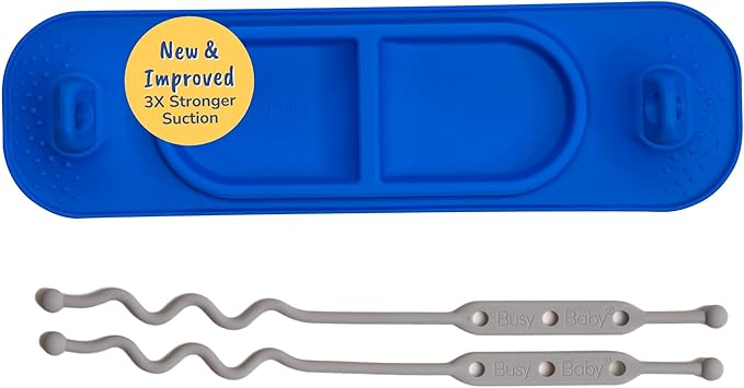 BUSY BABY Silicone Mini Mat - New and Improved Suction Cups, 2 Straps to Secure Baby Essentials, Self Feeding, Baby Led Weaning, Travel Wet Bag Included (Blue Mini)