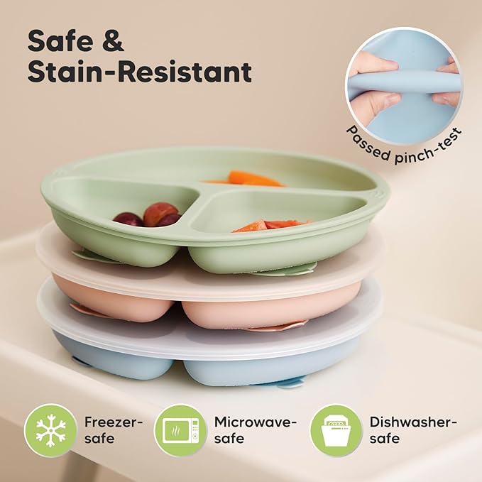 KeaBabies Suction Plates with Lids for Baby - 3-Pack 100% Silicone Toddler Plates with Suction, Divided, BPA-Free Baby Led Weaning Essentials for Kids, Dishwasher, Microwave Safe, Durable (Mellow)