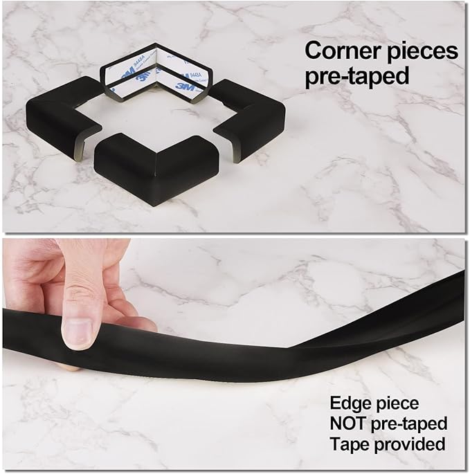 Edge Corner Protector Baby Proofing (Large 20ft Edge 8 Corners), Durable, High Density Rubber Foam, Fireplace Stair Furniture Safety Bumper Guard, 3M Double-Sided Tape, Black