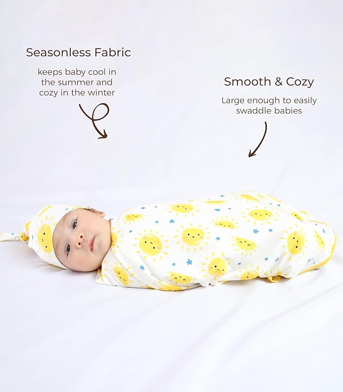 Newborn Swaddle Blanket with Hat Set,Unisex Baby Receiving Blanket Nursery Wrap for Girls and Boys, Viscose Made from Bamboo Sun One Size