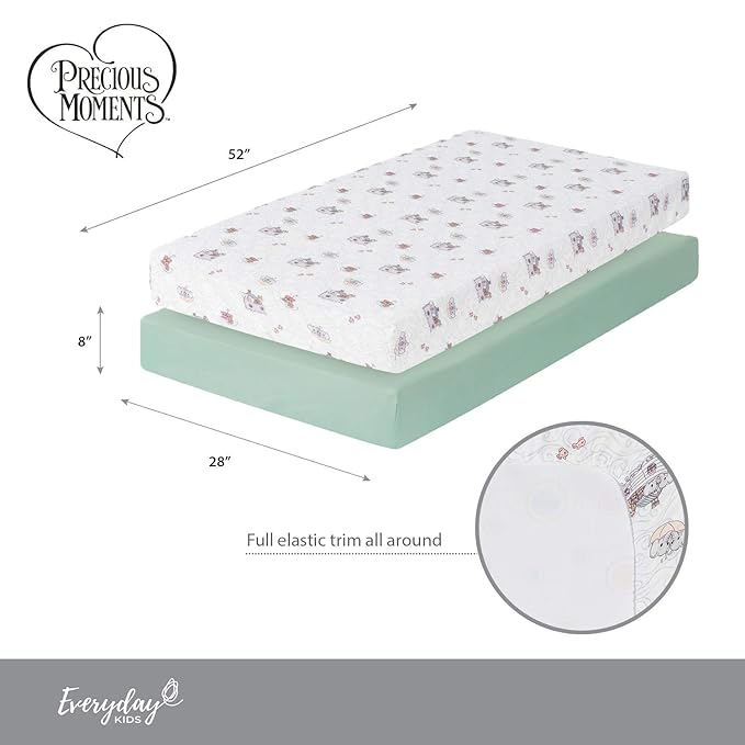 Precious Moments Noah’s Ark Fitted Crib Sheet 2 Pack for Baby Boy by Everyday Kids; 1 Animals on the Ark Printed Crib Sheet and 1 Solid Bright Green; Adorable Wildlife Elephants, Giraffes, Bears Print