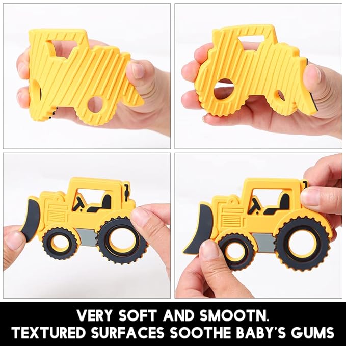 Baby Silicone Teether,Sensory Chew Toys,BPA Free Soft and Effective Infant Teething Pain Relief Toys,Freezer Safe,Food Grade Silicone,Best Shower Gift for Boys and Girls (Yellow Bulldozer)