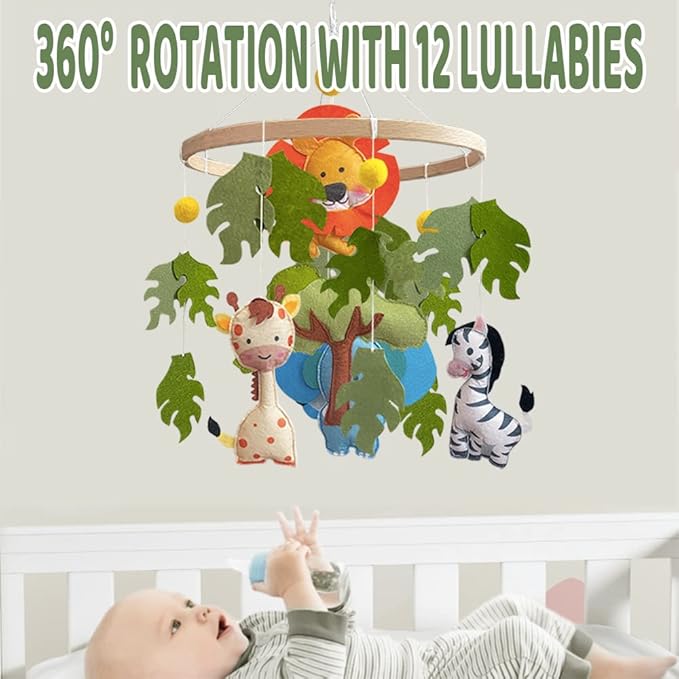 Jungle Safari Baby Crib Mobile - Lion, Giraffe, Zebra, Elephant Hanging Decor for Nursery 24x24.5cm (Jungle Animals Baby Mobile Hanger)