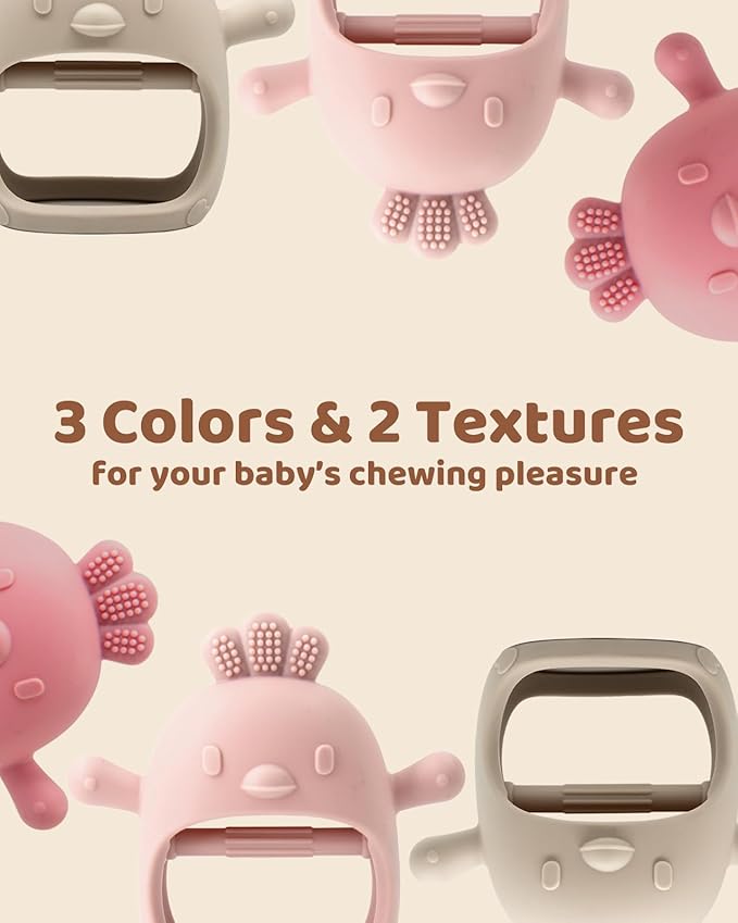 3 Packs Baby Teething Toy Silicone Teething Mitten for Babies Over 3 Months Anti Dropping Wrist Hand Teethers Baby Chew Toys for Sucking Needs, BPA Free (Pink, Caramel & Coral Red)