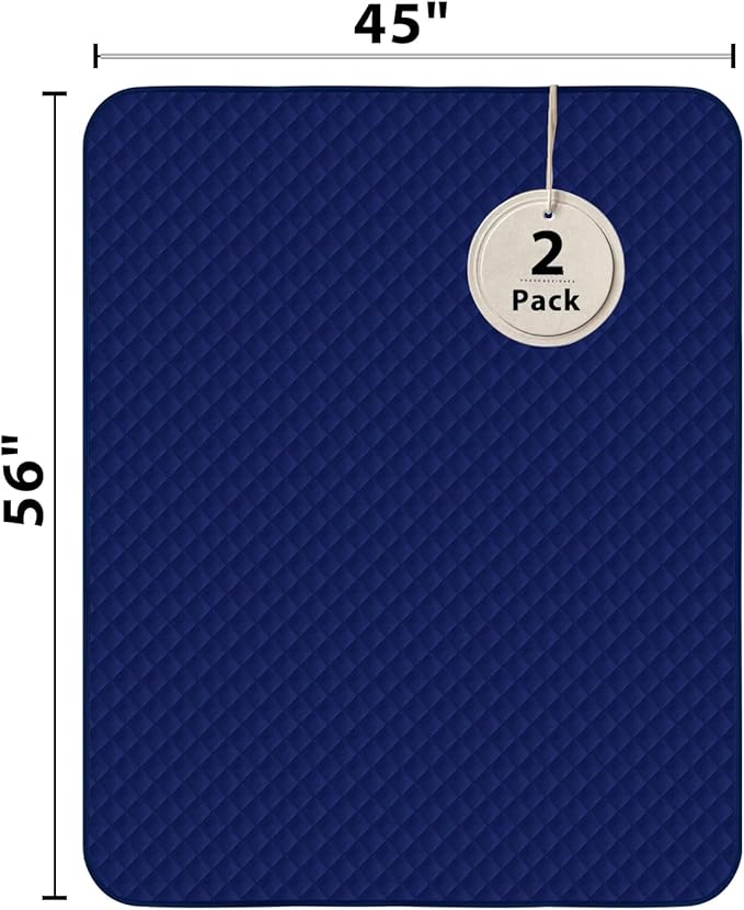 Hide Stains Washable Waterproof Bed Pads 45x56 Inch (2 Pack), Extra Large for Incontinence, Bed Wetting, and Pet Protection, Navy Blue Ideal for Elderly, Adults, Kids and Pets