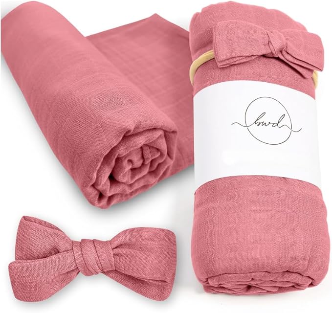 BWD Baby Swaddle Blanket – Ultra-Soft Bamboo Viscose & Organic Cotton Muslin – Lightweight, Breathable, Stretchy – Newborn Essential 47" (Rosewood)