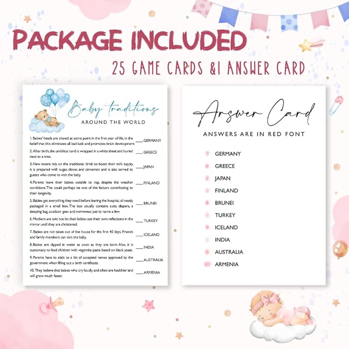 Baby Traditions Around The World Baby Shower Games, 25 Double-Sided Blue Bear Games for Boys with Answer Card, Interactive Party Supplies - B06
