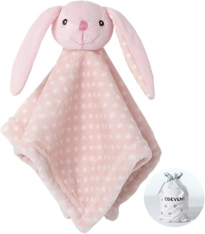 CREVENT Cozy Plush Baby Security Blanket Loveys for Baby Girls Boys, Stuffed Animal Ring Rattle Shaker Toy for Newborns (Bunny)