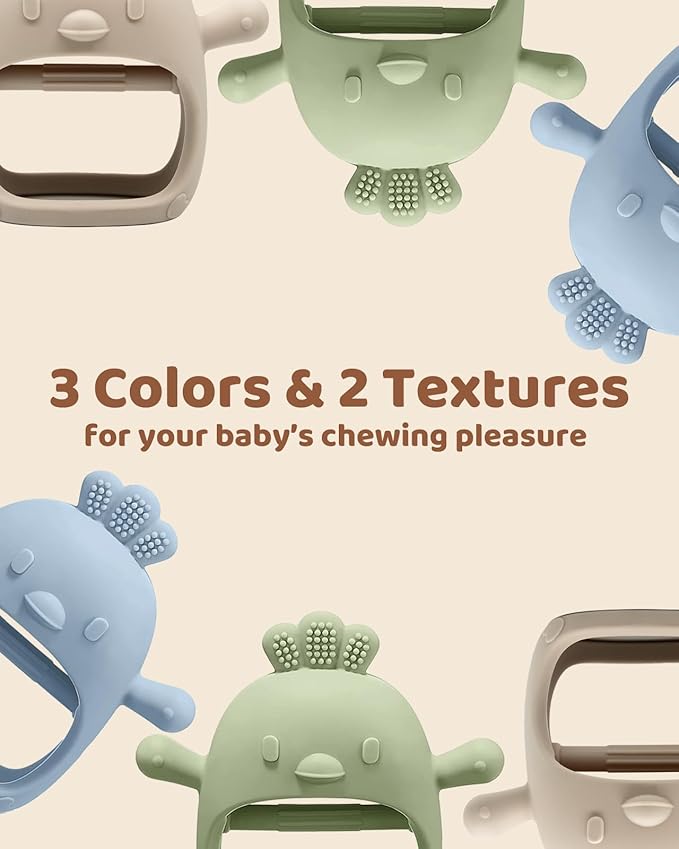 3 Packs Baby Teething Toy Silicone Teething Mitten for Babies Over 3 Months Anti Dropping Wrist Hand Teethers Baby Chew Toys for Sucking Needs, BPA Free (Olive, Caramel & Blue)